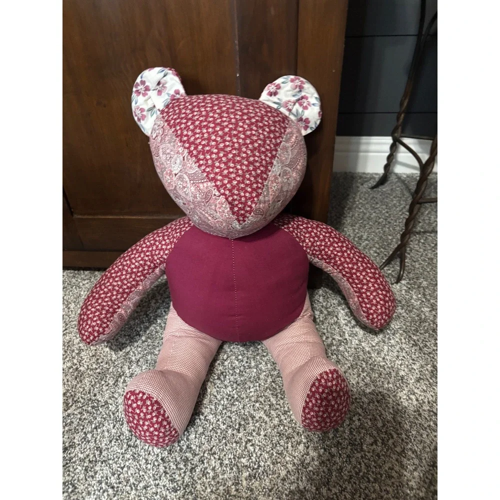 Vintage Handmade Patchwork Teddy Bear Burgundy Floral Paisley Gingham Plush 15